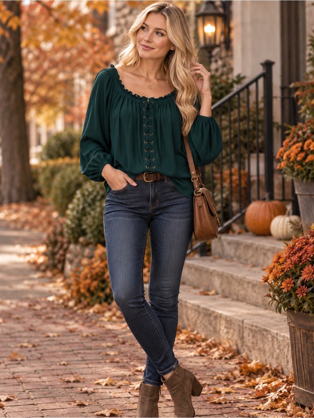 Rock & Republic Dark Teal Lace-Up Peasant Blouse Size Large